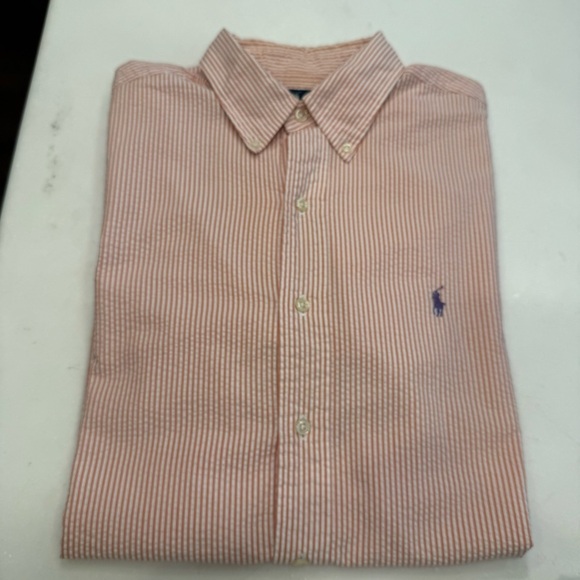 Ralph Lauren Seersucker Shirt Mens Sz M short sleeve button down Pink/white - Picture 9 of 11